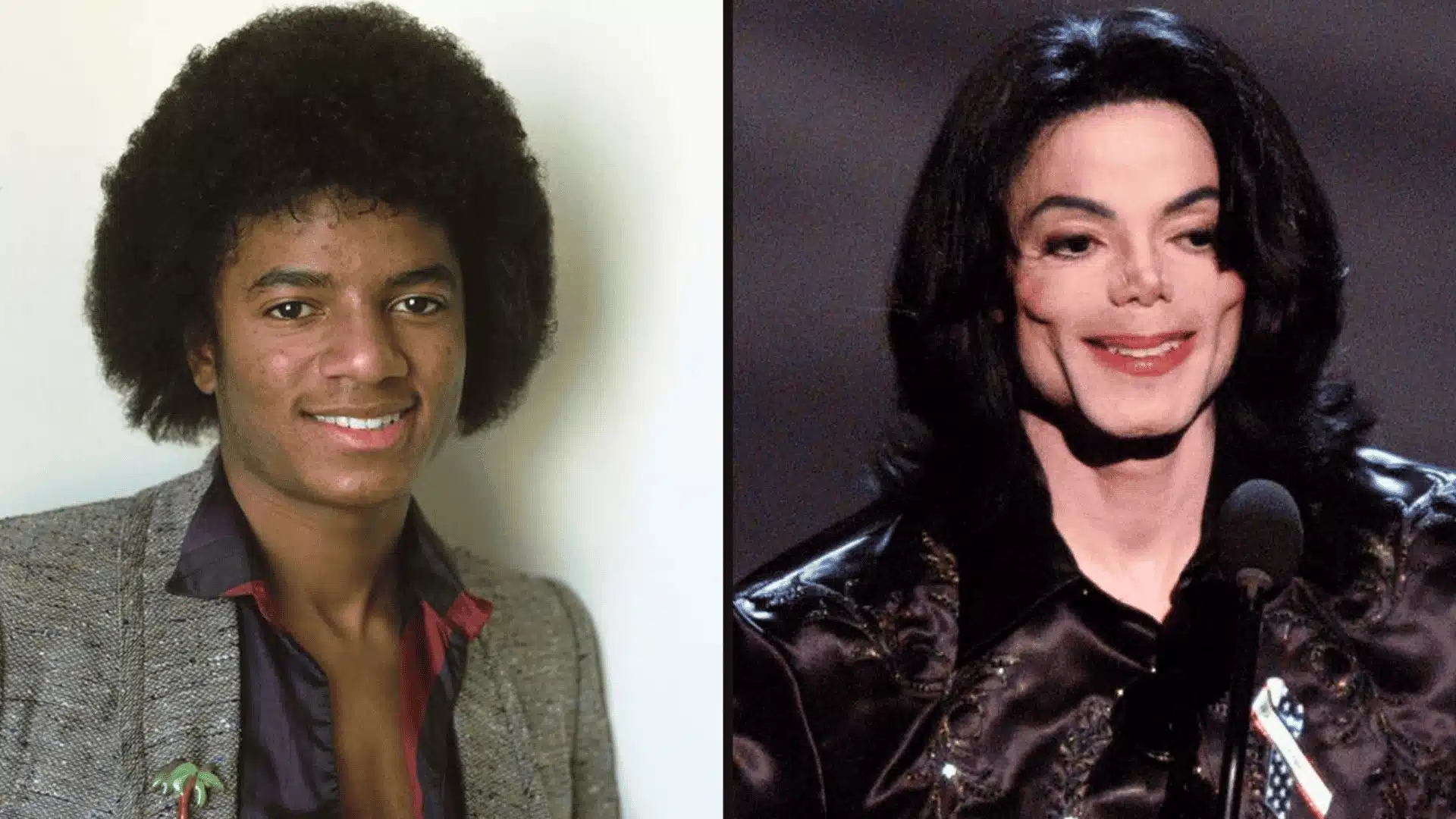 Michael Jackson before-and-after face comparison, showing his appearance in two different time periods.