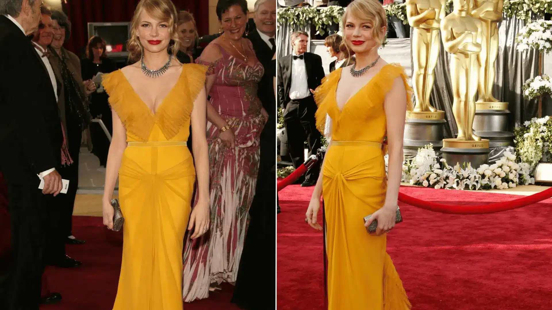 Michelle Williams wearing a mustard-yellow Vera Wang gown on the red carpet at the 2006 Oscars.