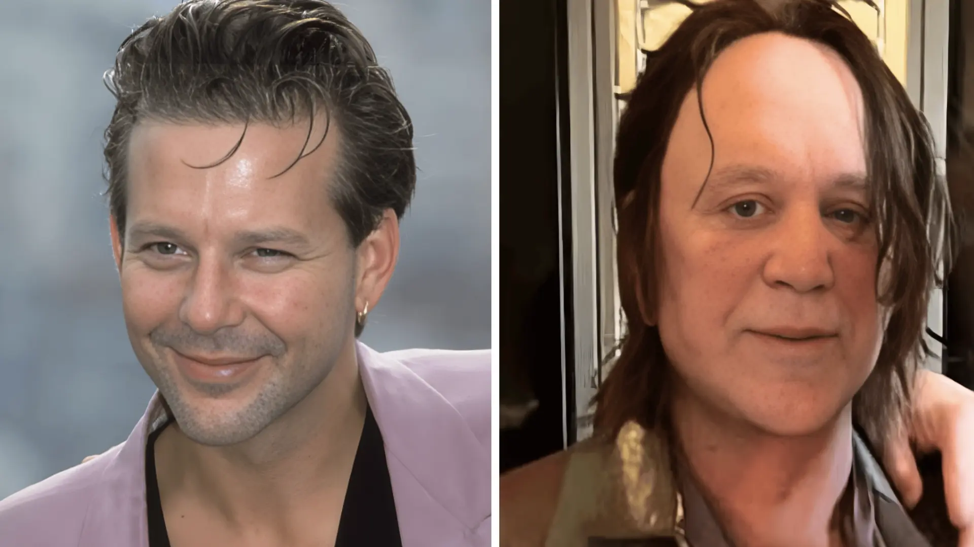 Mickey Rourke before-and-after face comparison, showing his appearance in two different time periods.