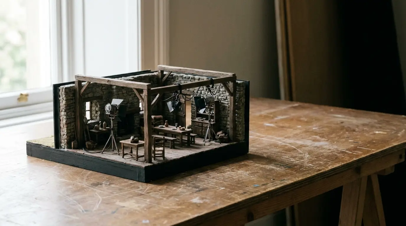Miniature rustic set design on wooden table with stone walls and lighting equipment
