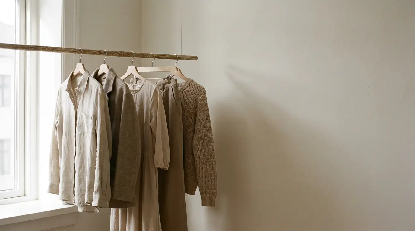 Neutral-toned clothing hanging on wooden rod by bright window indoors