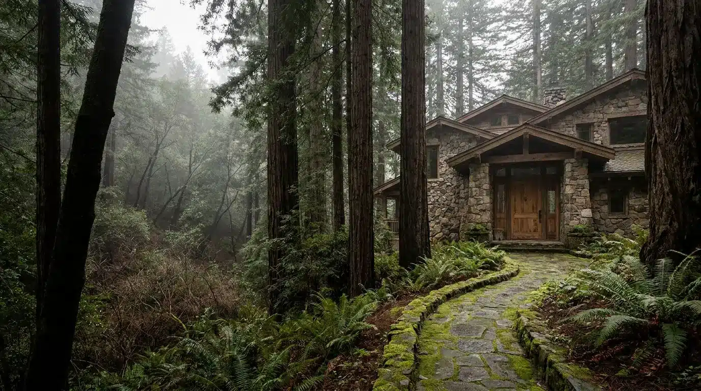 Rustic stone cabin surrounded by tall redwood trees and lush ferns in a misty forest setting