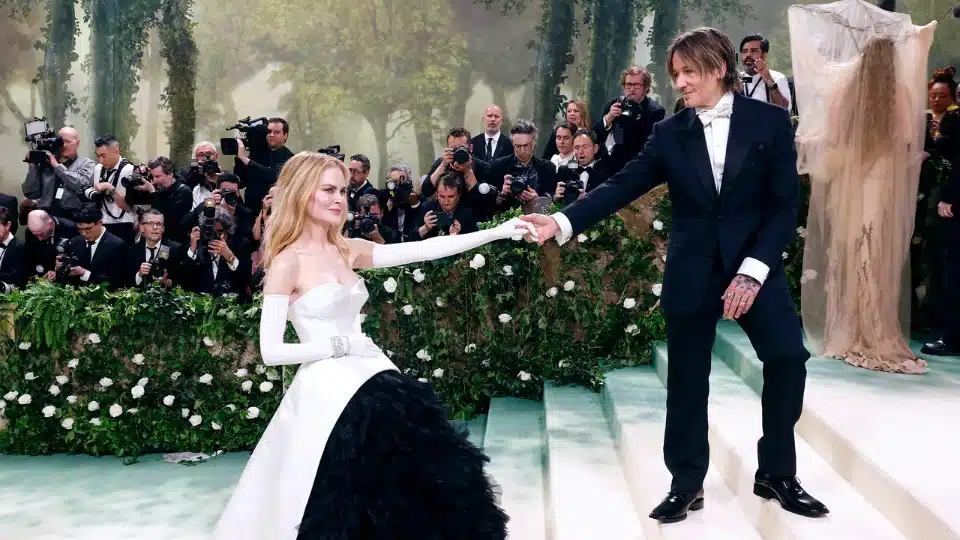 Nicole Kidman and Keith Urban at 2024 Met Gala dressed in matching black-and-white Balenciaga ensembles.