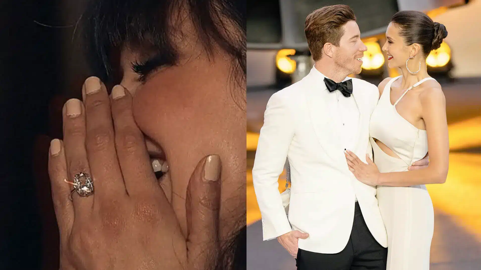 Nina Dobrev showing her elongated oval diamond engagement ring beside a photo of her with Shaun White