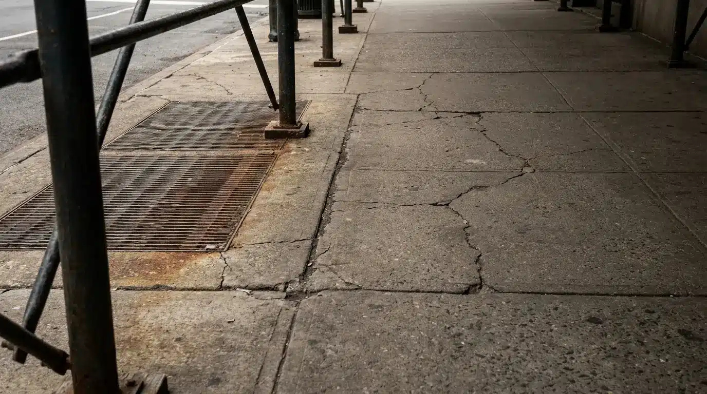 Cracked concrete sidewalk with rusty metal grates and railing in urban setting
