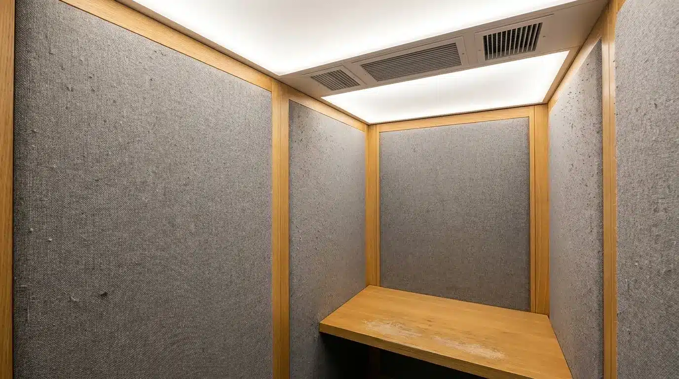 Small soundproof booth with wooden desk and fabric-covered walls under bright lighting
