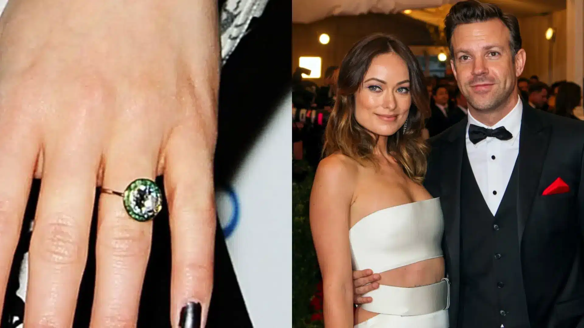 Olivia Wilde's emerald engagement ring with a green halo around the center diamond shown beside a photo of Olivia Wilde and Jason Sudeikis