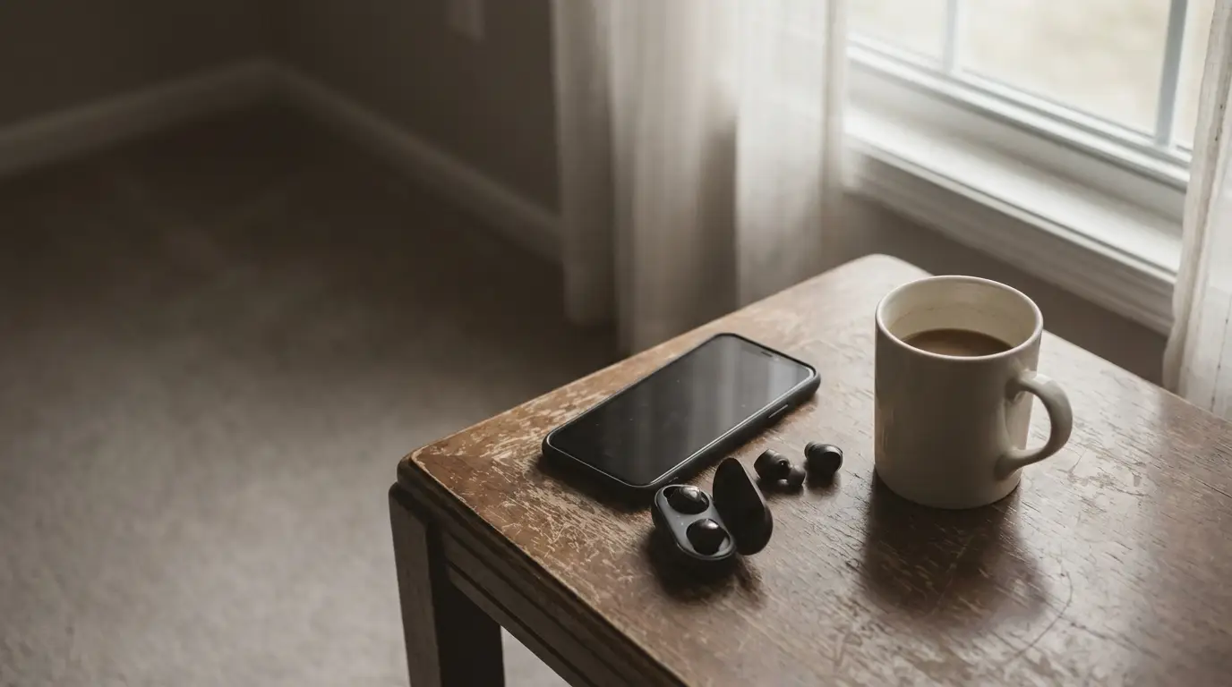 Smartphone, wireless earbuds, and coffee mug on wooden table beside window in soft lighting