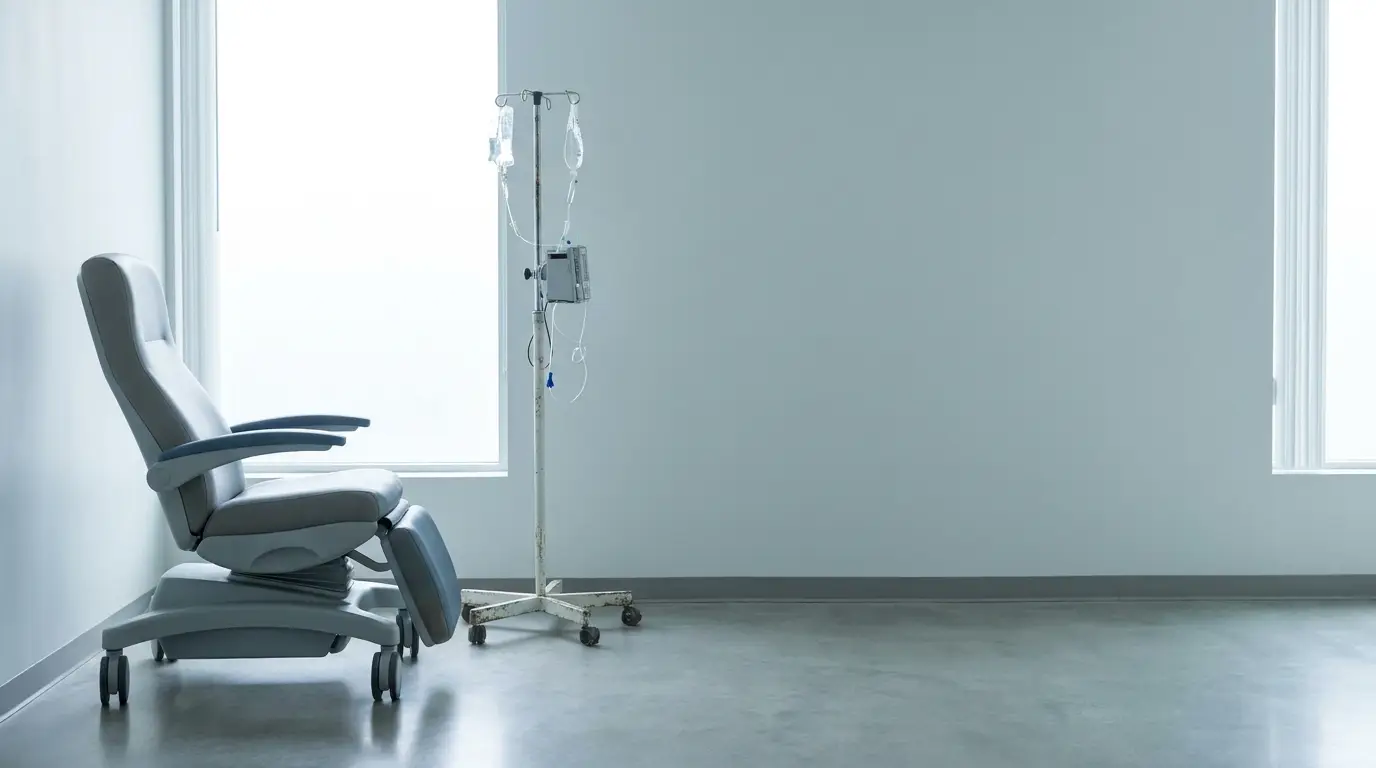 Hospital lounge chair beside IV stand in bright, minimalist room with large windows