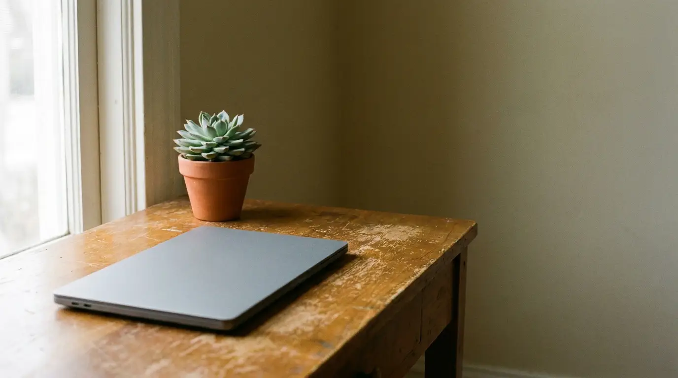 Laptop and potted succulent on wooden desk by window in soft natural light