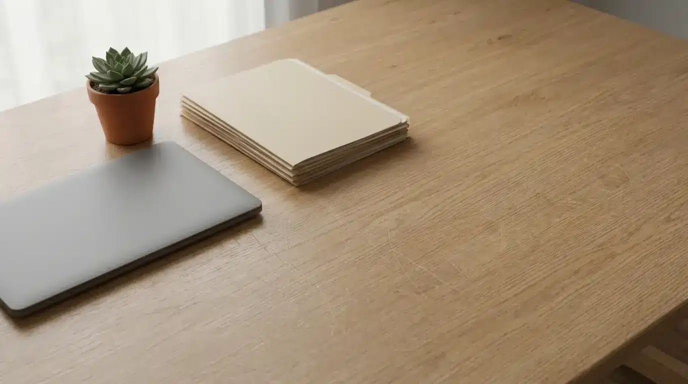 Laptop, stacked folders, and potted succulent on wooden desk in natural light