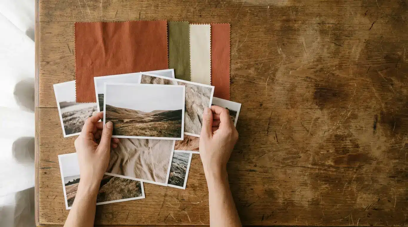 Hands sorting landscape photos and fabric samples on a rustic wooden table