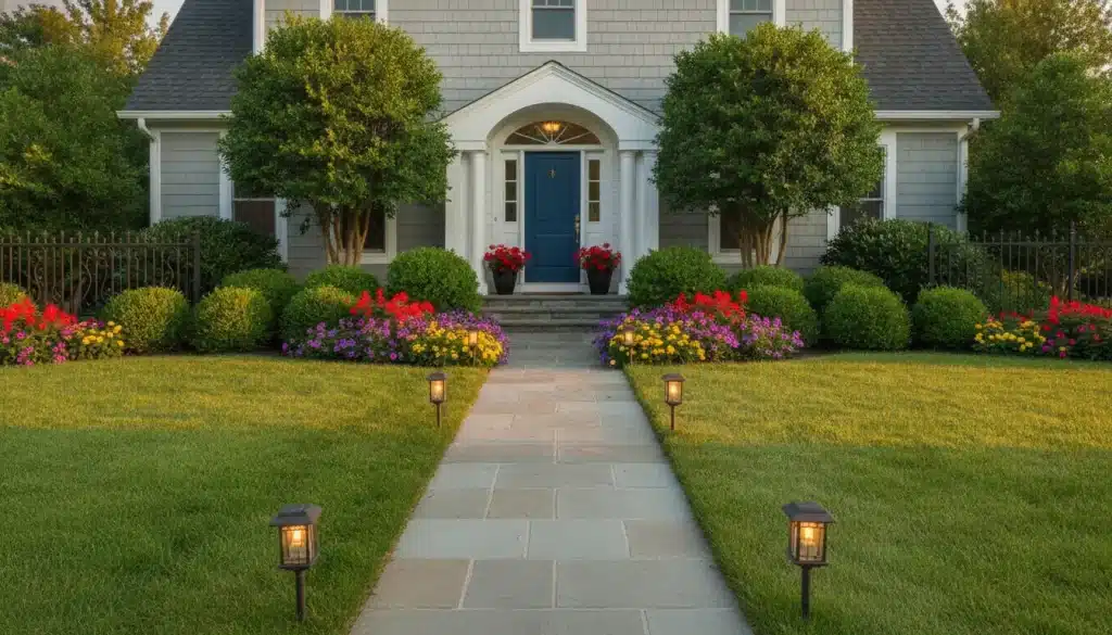 Pathway leading to house entrance surrounded by vibrant flower beds and lush greenery