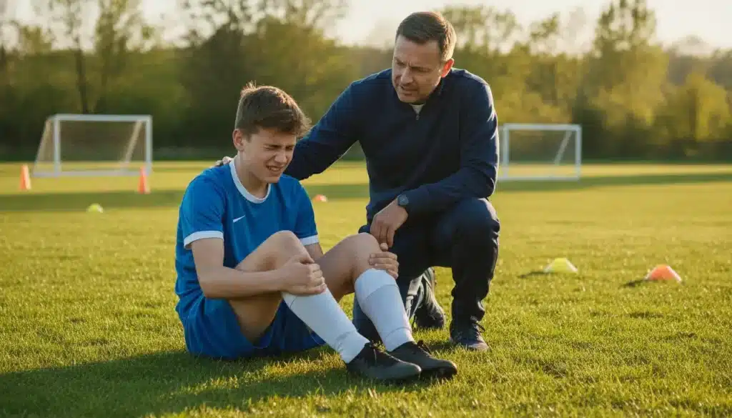 Young soccer player in blue uniform sitting on grass with coach comforting, two goals in background