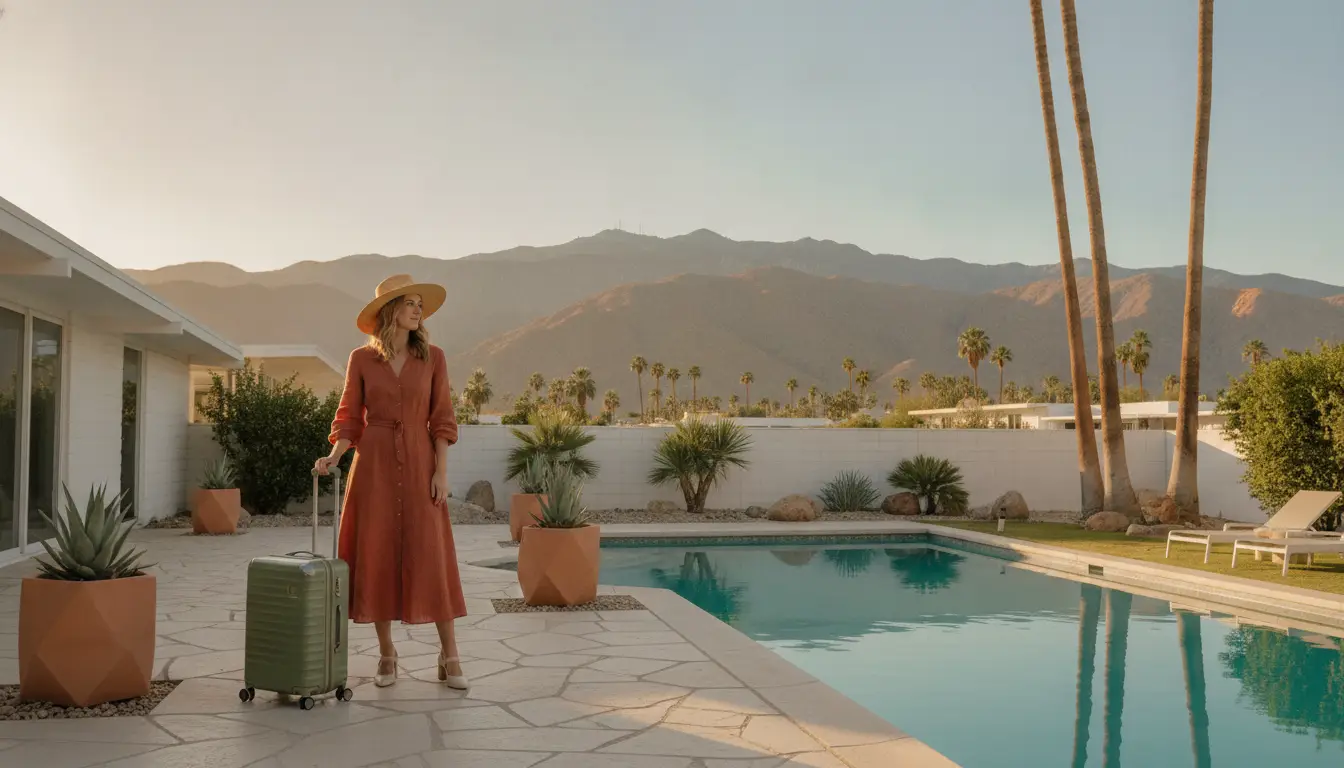 Woman in orange dress with suitcase by a pool in sunny desert setting