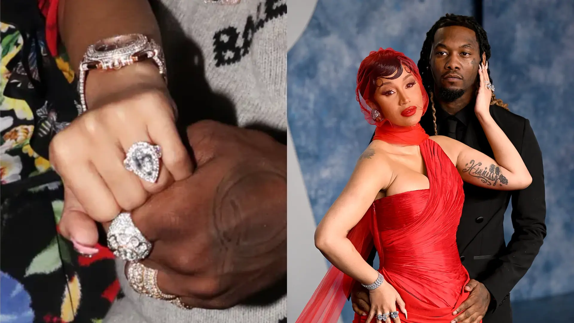 Paris Hilton's emerald-cut diamond engagement ring displayed on her hand beside a photo of Paris Hilton with Carter Reum
