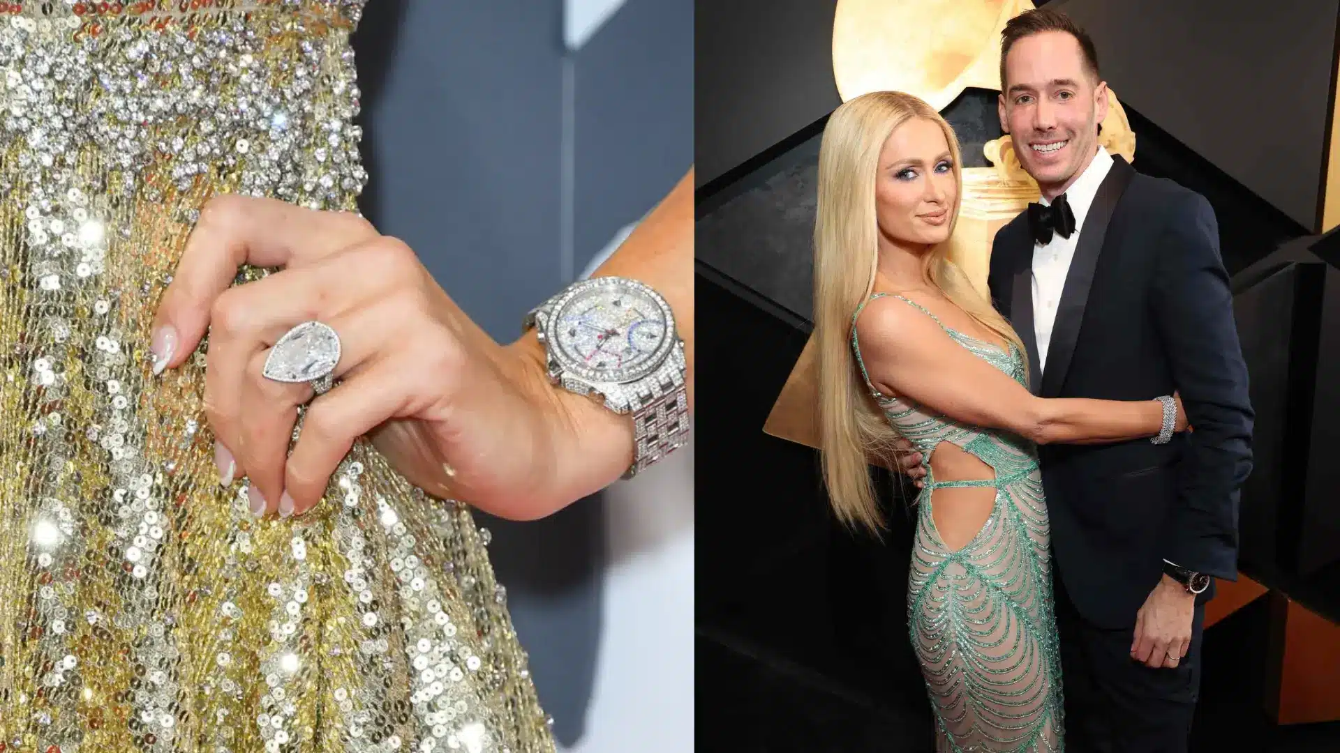 Paris Hilton's emerald-cut diamond engagement ring displayed on her hand beside a photo of Paris Hilton with Carter Reum