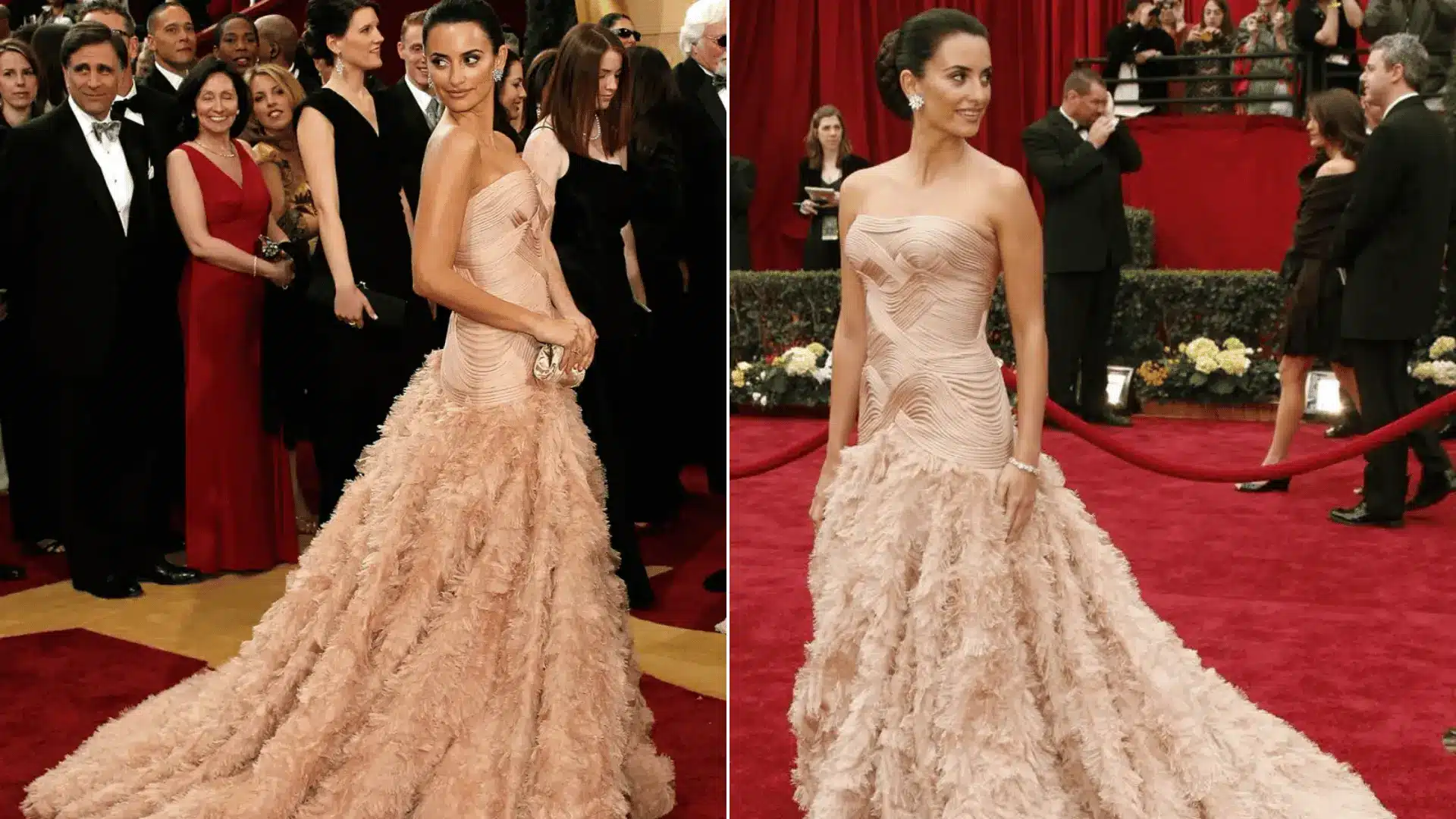Penélope Cruz wearing a blush-pink gown by Atelier Versace at Oscars 2007.