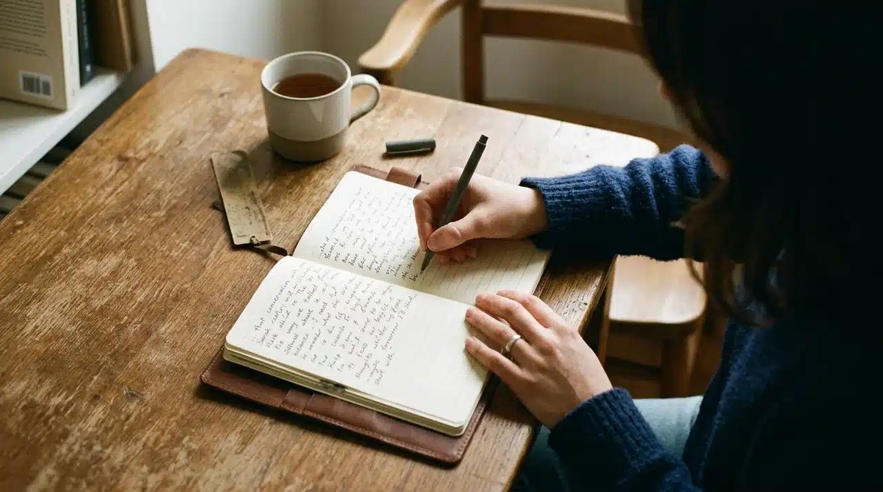 person writing reflections in a notebook at a table