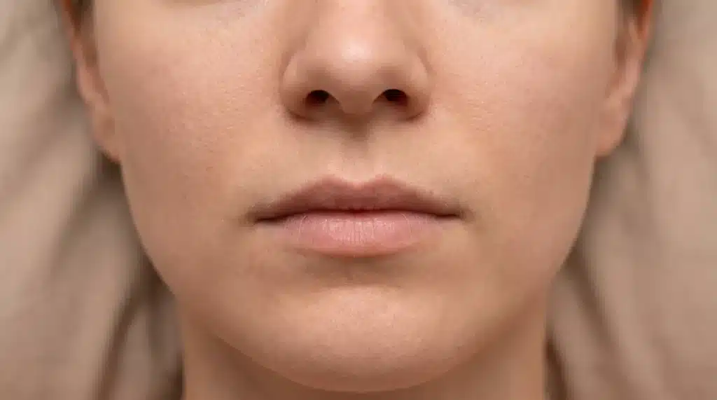 Close-up of philtrum and upper lip with relaxed mouth and natural skin texture