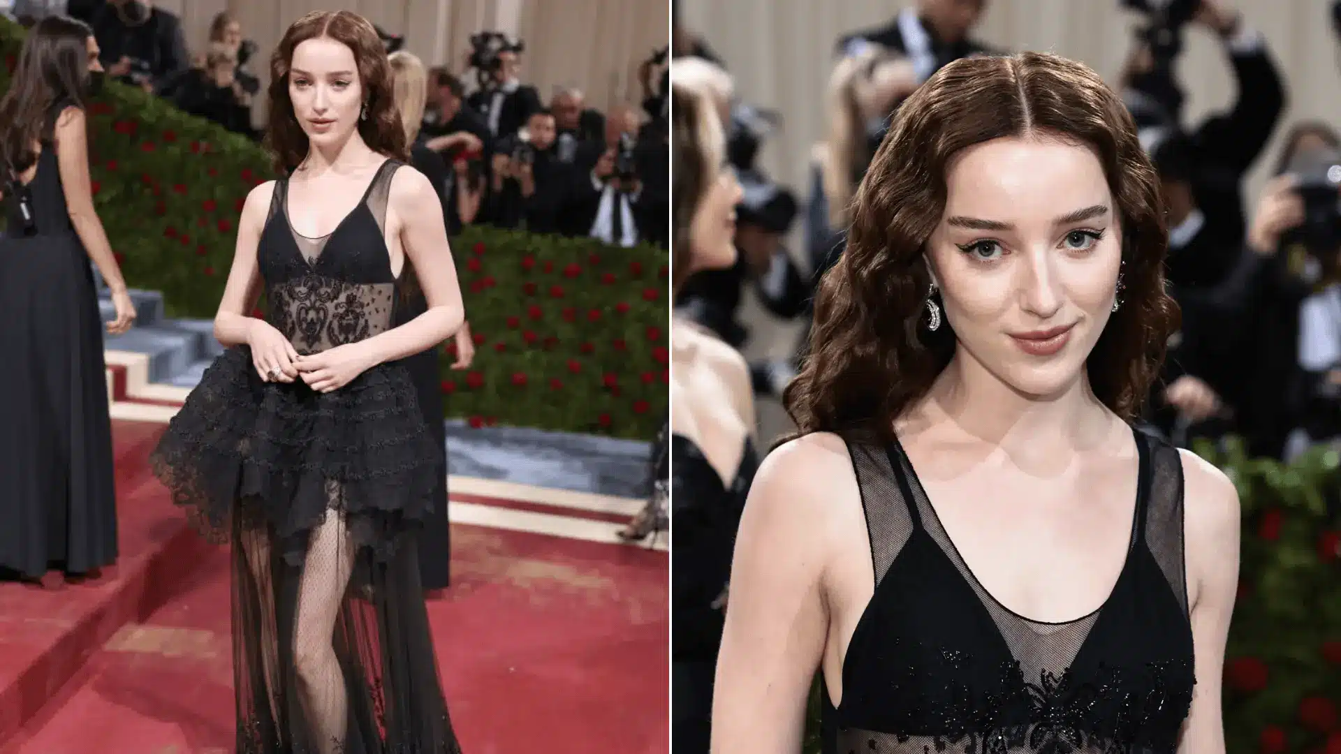 Phoebe Dynevor wearing a sheer black gown by Louis Vuitton at the Met Gala 2022.