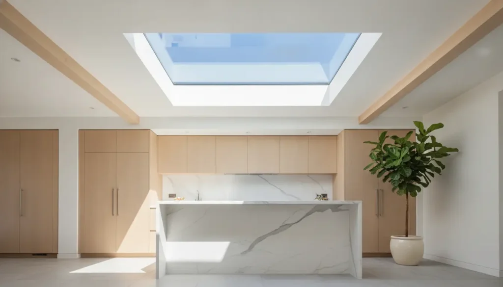 Modern kitchen with marble island, light wood cabinets, large skylight, and potted plant