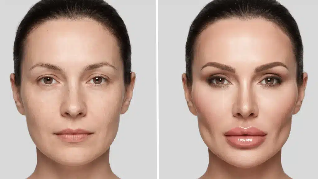 Split portrait comparing natural facial features with an exaggerated cosmetic surgery appearance.