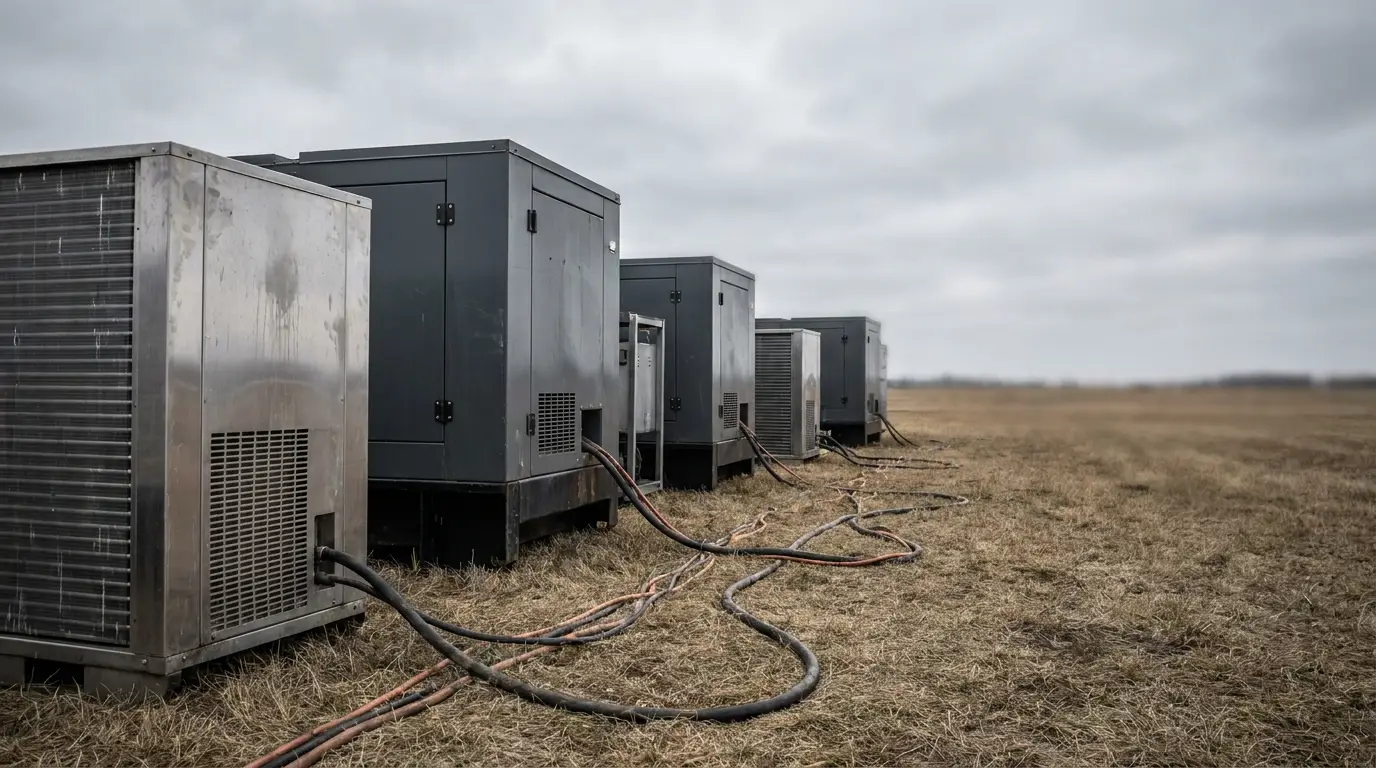 Several industrial generators connected with cables on a grassy field under overcast sky