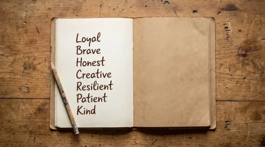 Notebook page with a handwritten list of character trait words