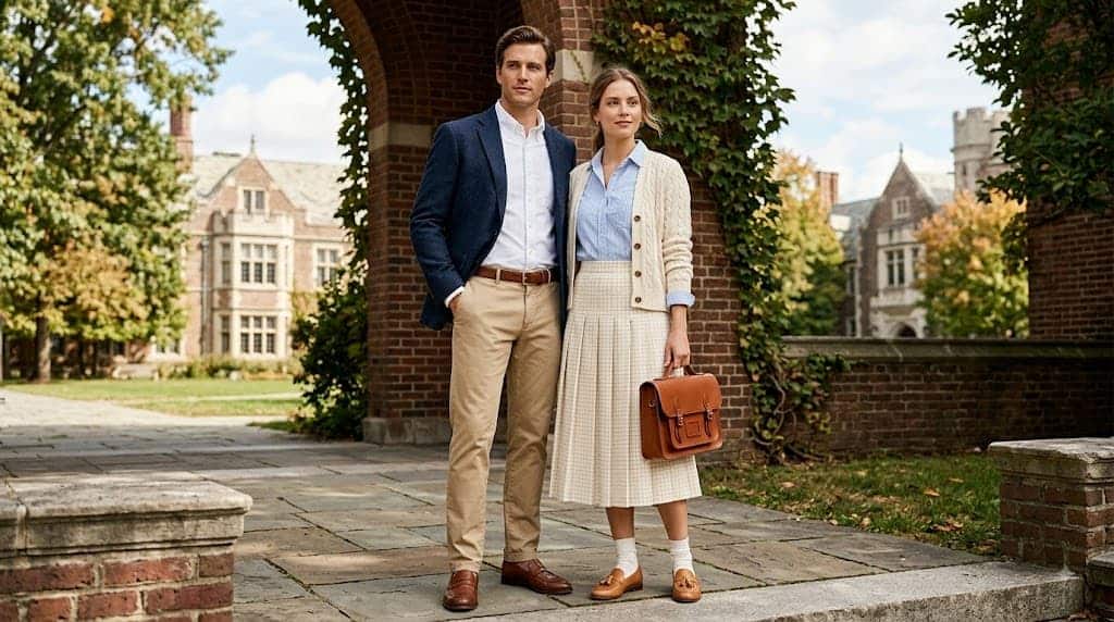 Young couple in preppy outfits standing on a university campus.