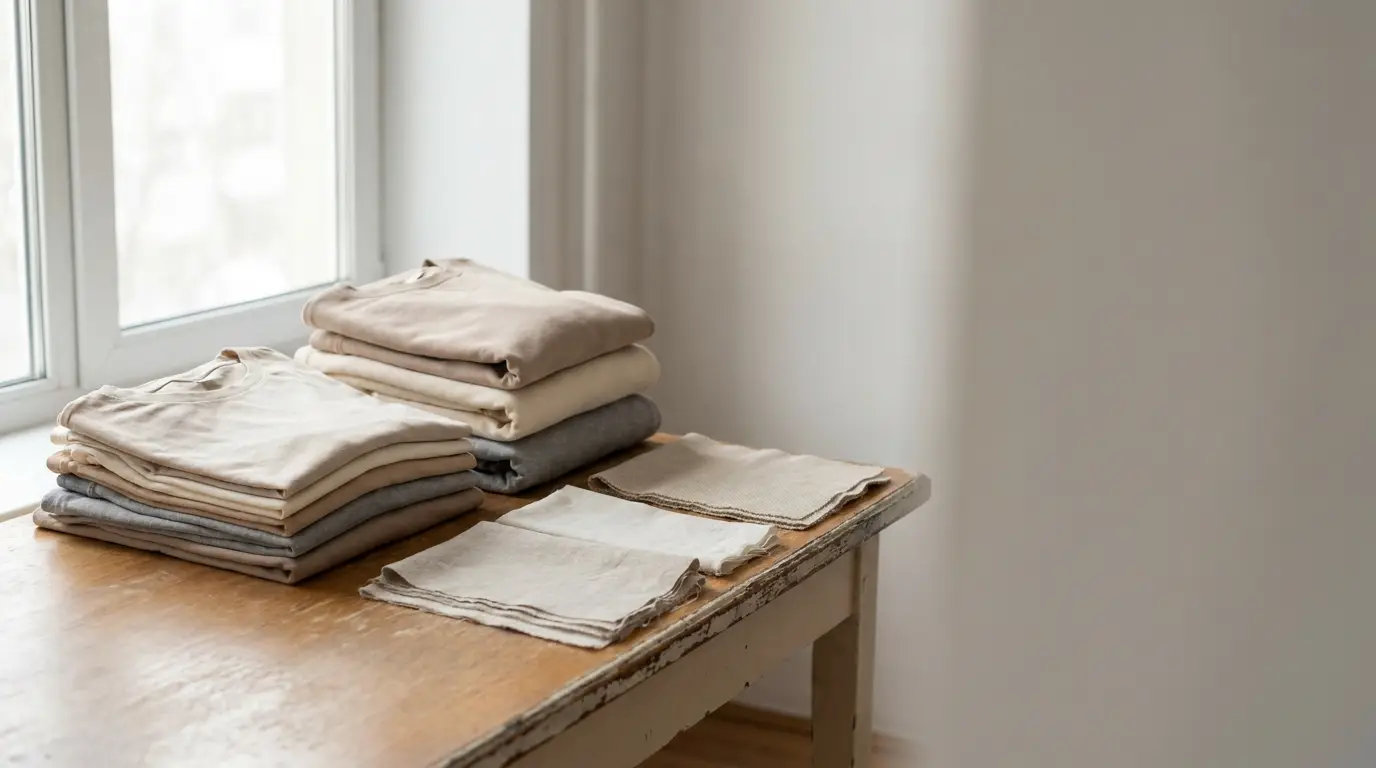 Folded neutral-colored clothing on a wooden table in a bright room