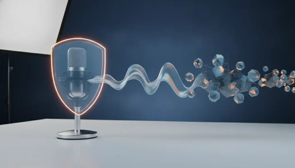 Microphone inside illuminated shield with soundwaves and polygonal shapes in dark studio setting