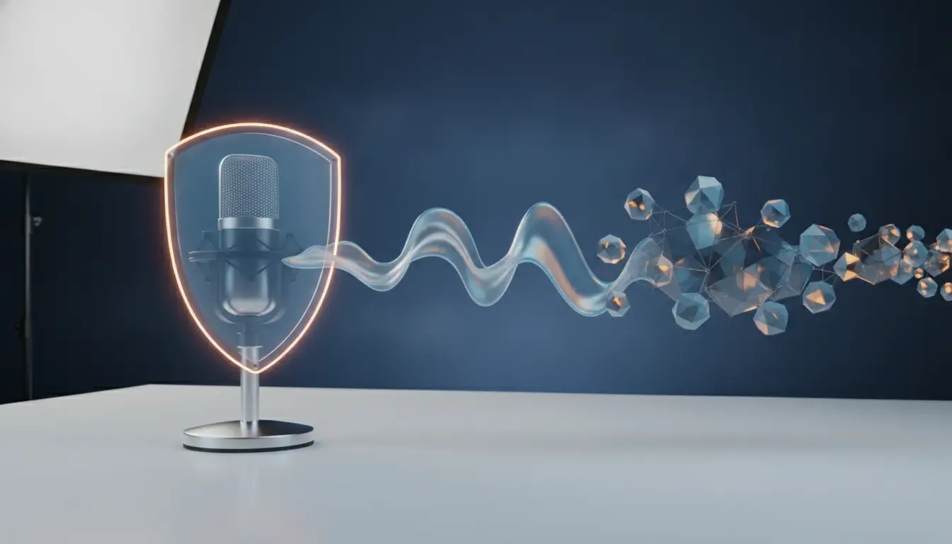 Microphone inside illuminated shield with soundwaves and polygonal shapes in dark studio setting