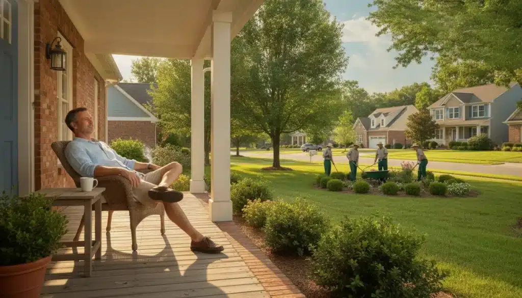 Man relaxing on porch chair with coffee, gardeners working in the sunny front yard garden