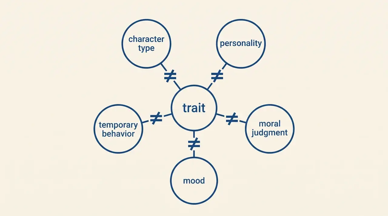 Radial diagram showing trait distinguished from personality, mood, and four other concepts