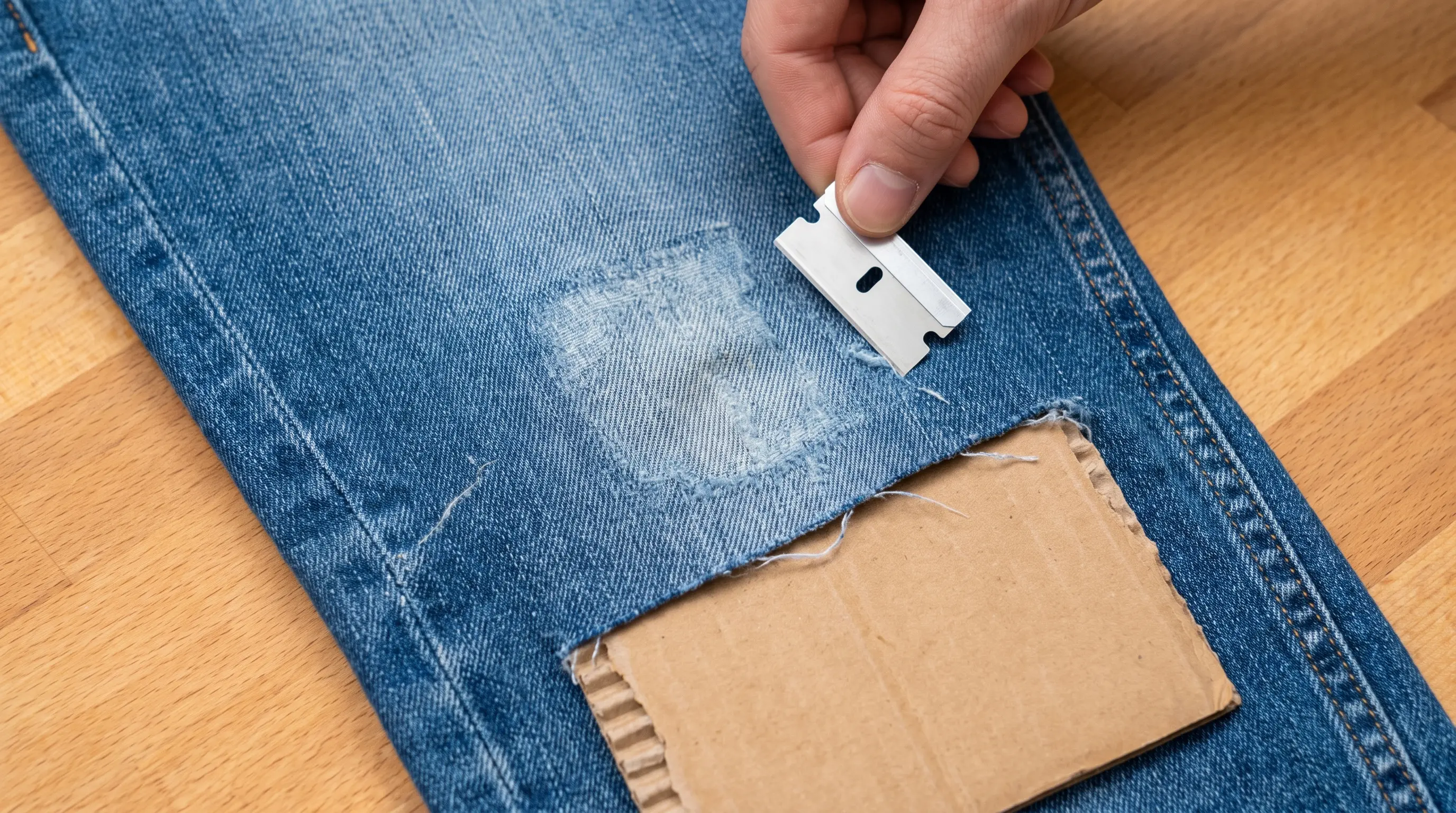 Razor blade lightly distressing blue jeans with cardboard protecting the fabric underneath.