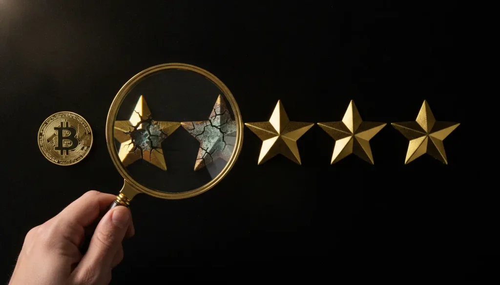 Magnifying glass highlighting cracked gold star beside Bitcoin symbol on dark background