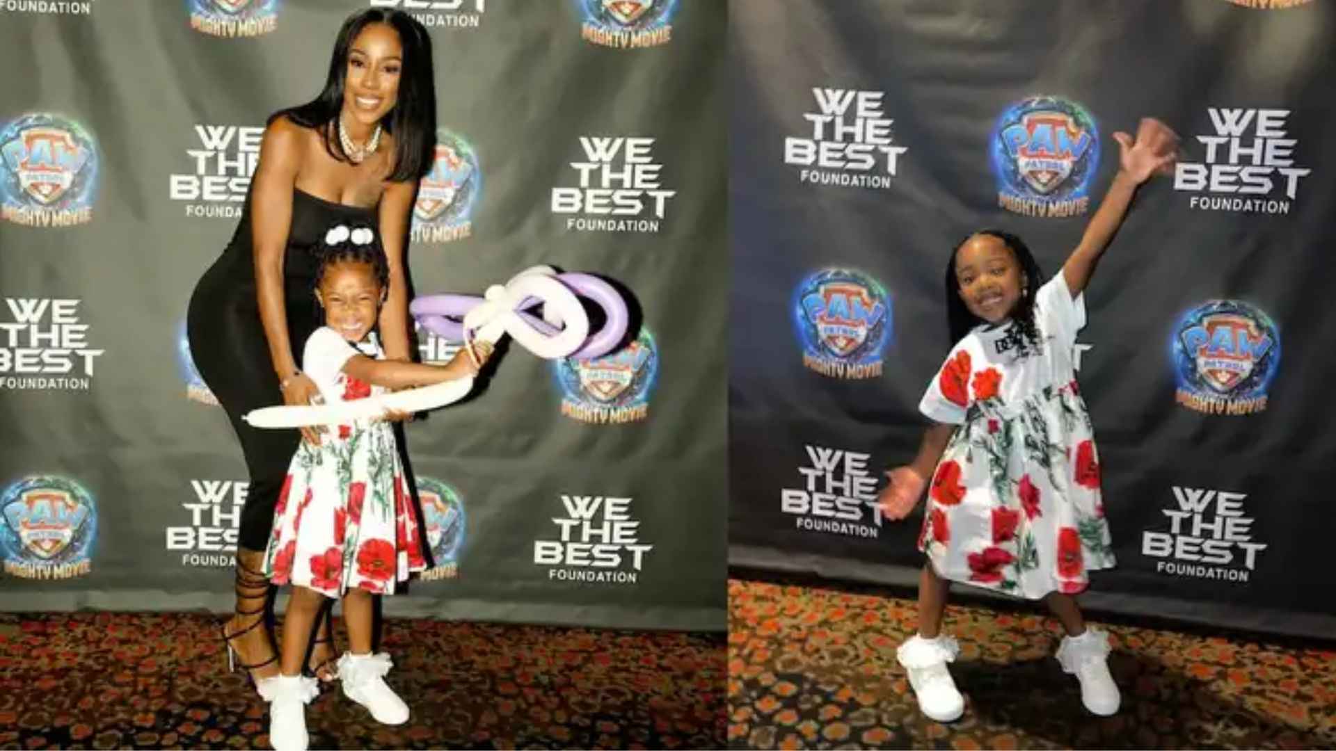 Reign Wilburn posing at an event with her mother in front of a step-and-repeat backdrop.