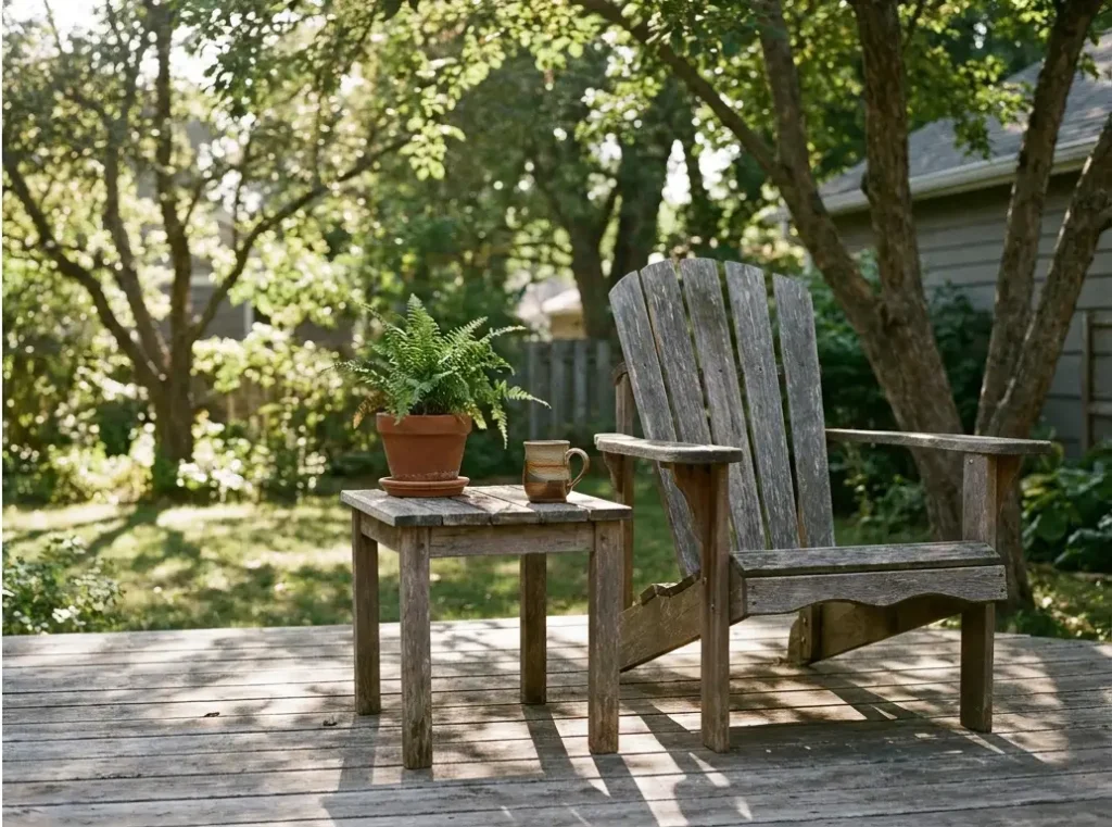 Wooden chair and table with potted fern on sunny backyard deck