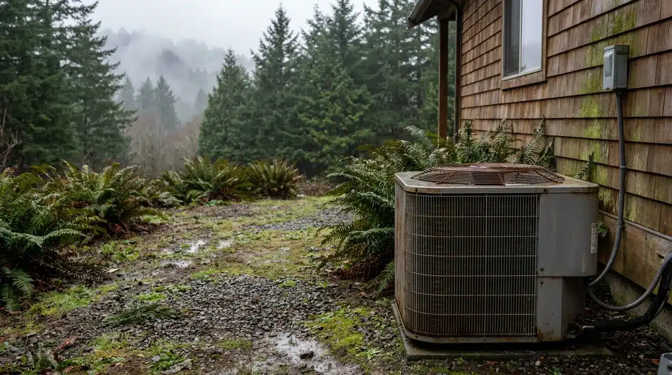 Outdoor air conditioning unit beside rustic house with wood siding and dense forest background