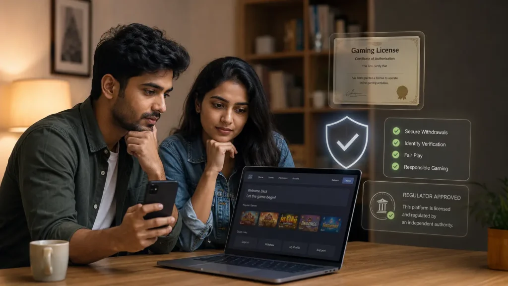 Couple reviewing online gaming platform on laptop in cozy home living room setting