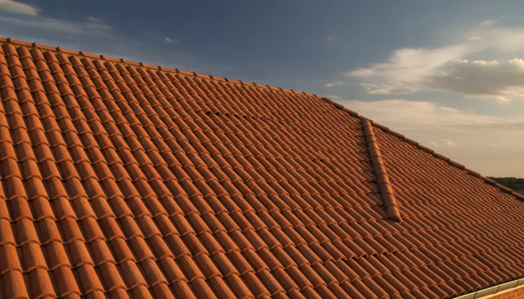 Red clay roof tiles under a partly cloudy sky in warm daylight