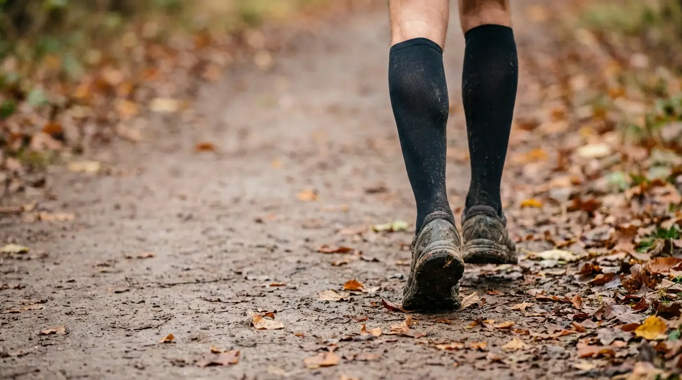 Person walking on a dirt trail with fallen autumn leaves, wearing black knee-high socks