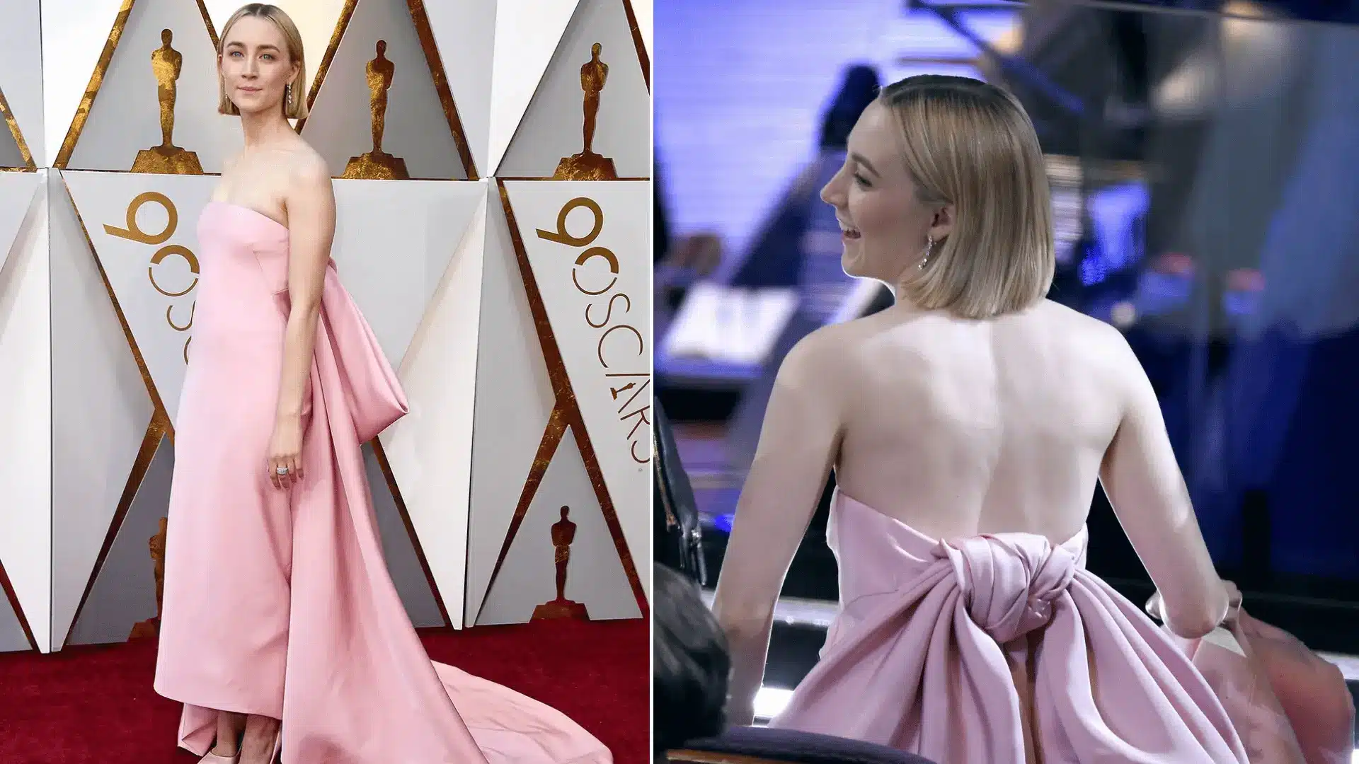 Saoirse Ronan wearing a pale pink gown by Calvin Klein by Appointment at the Oscars 2018.