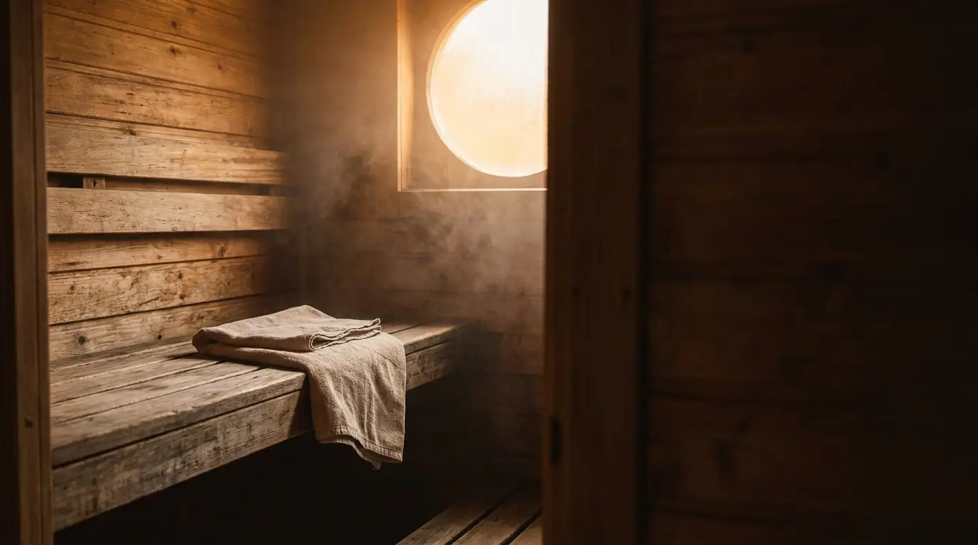 Wooden sauna interior with steam and folded towel on bench under warm sunlight