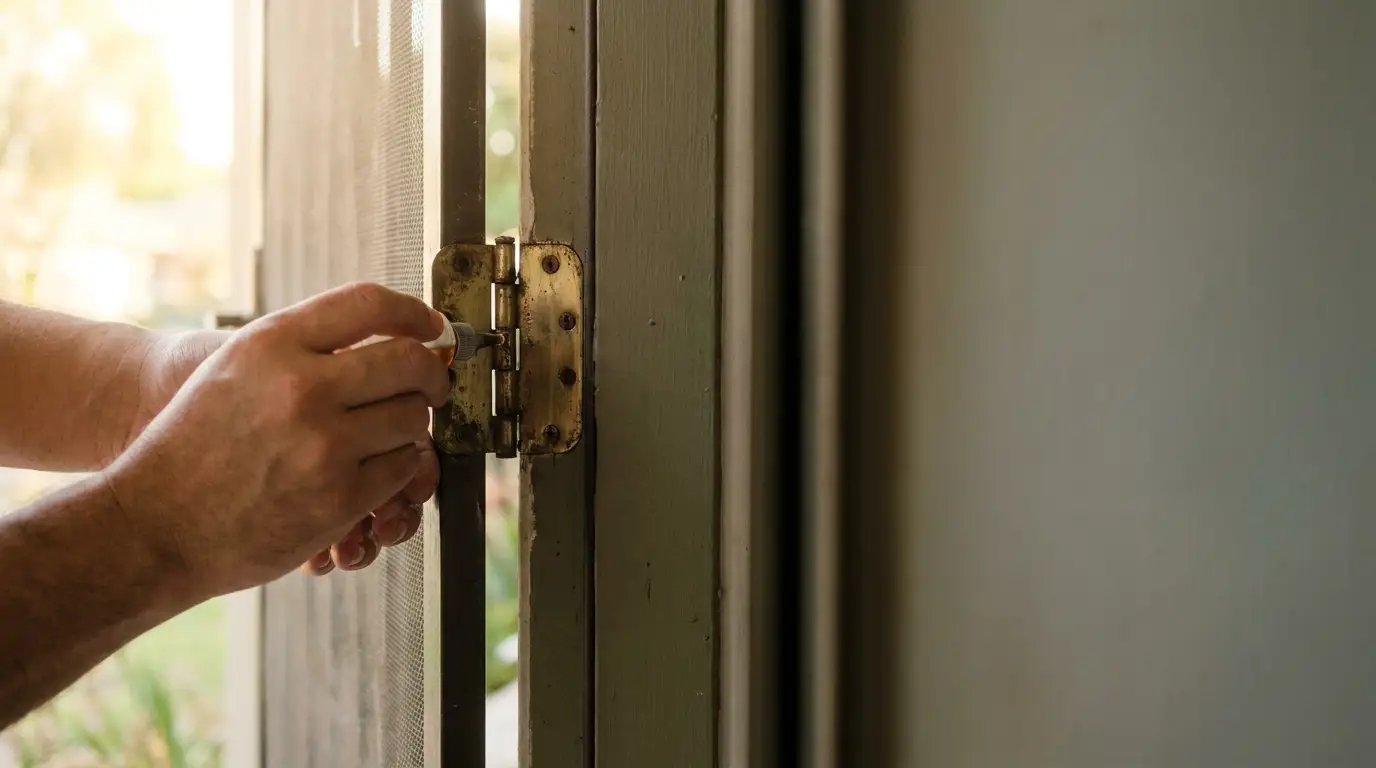 Hands using screwdriver on brass door hinge in natural daylight setting