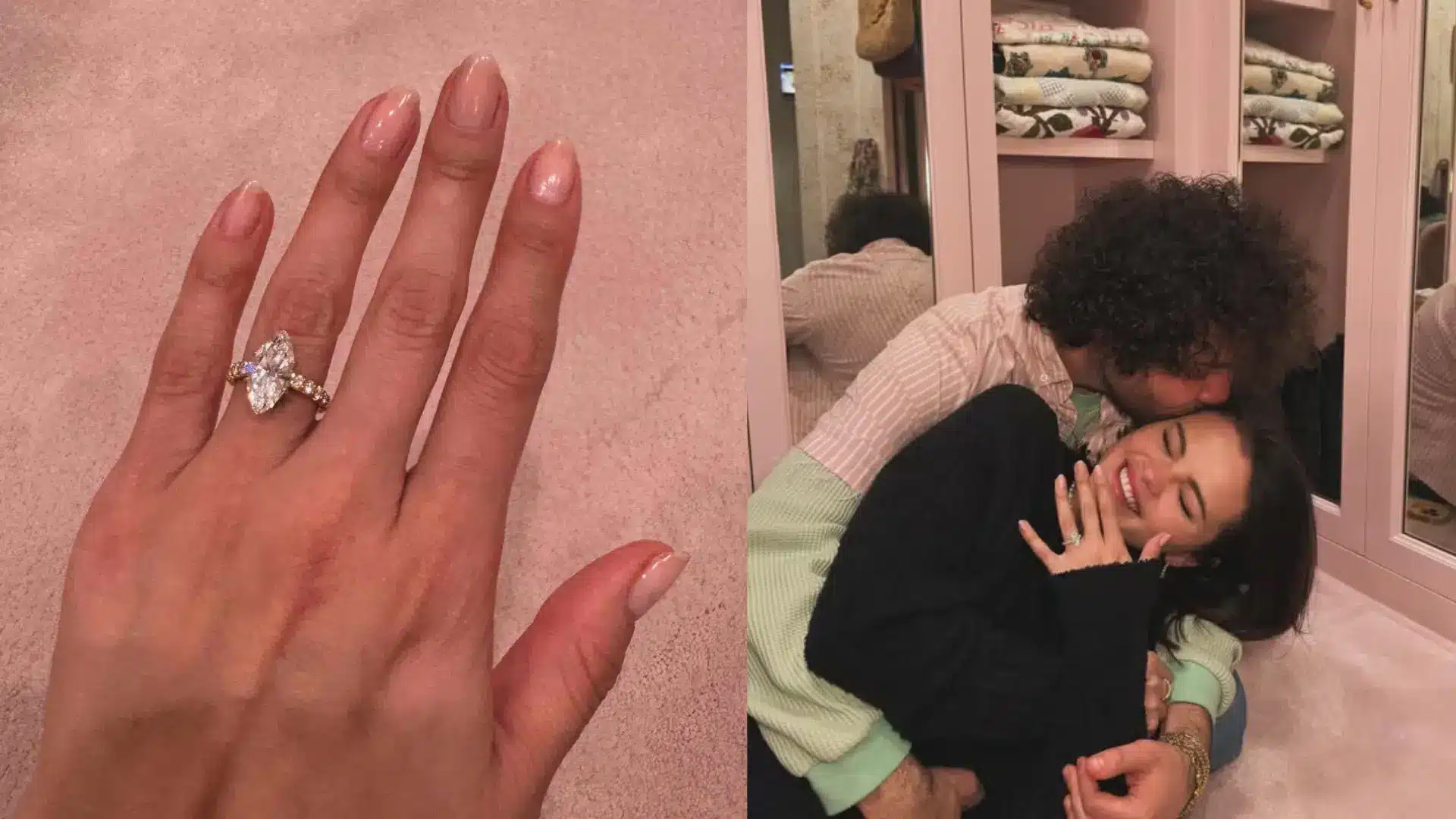 Selena Gomez's marquise diamond engagement ring beside a cozy photo of her and Benny Blanco