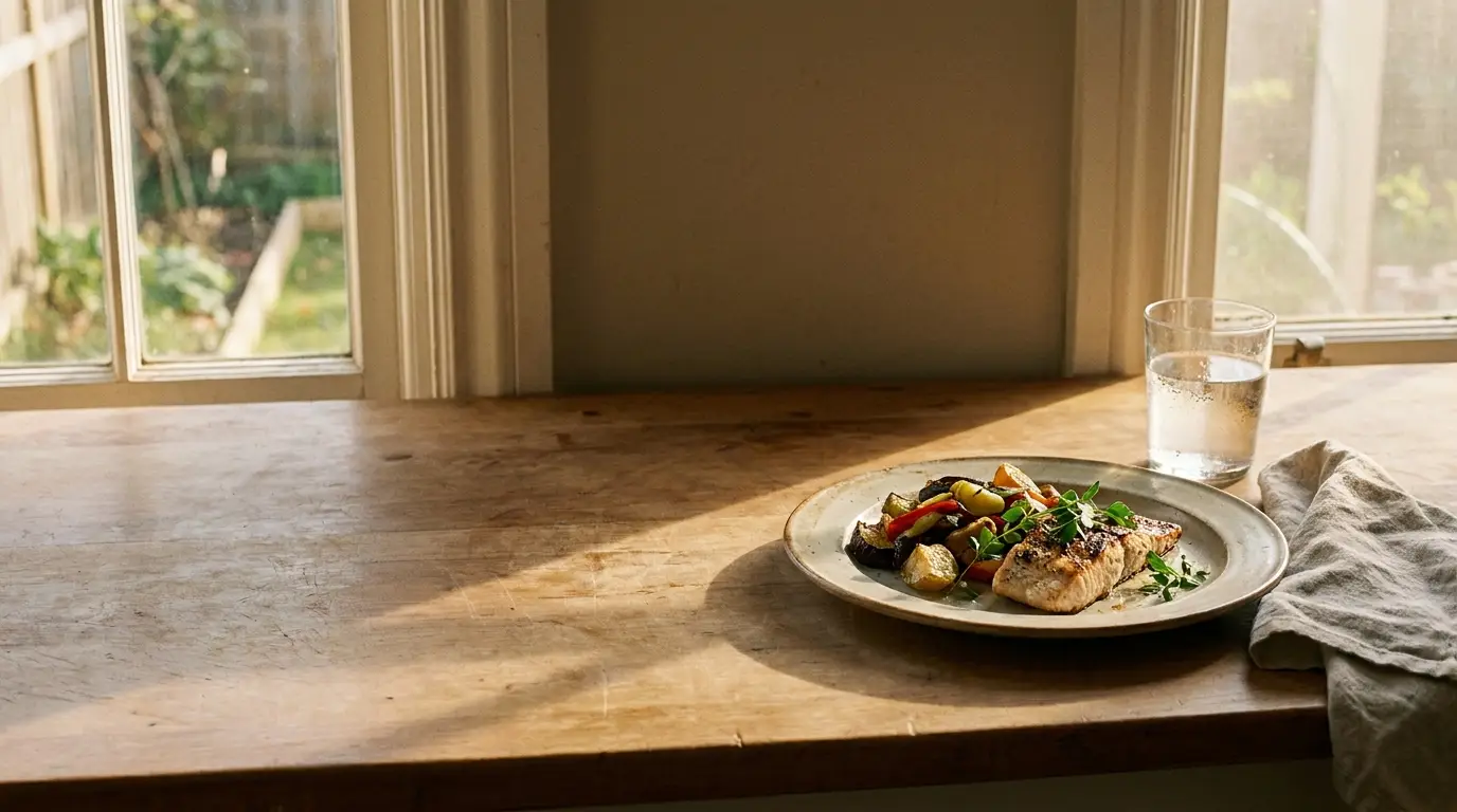 Grilled fish with roasted vegetables on rustic wooden table in sunlit kitchen setting
