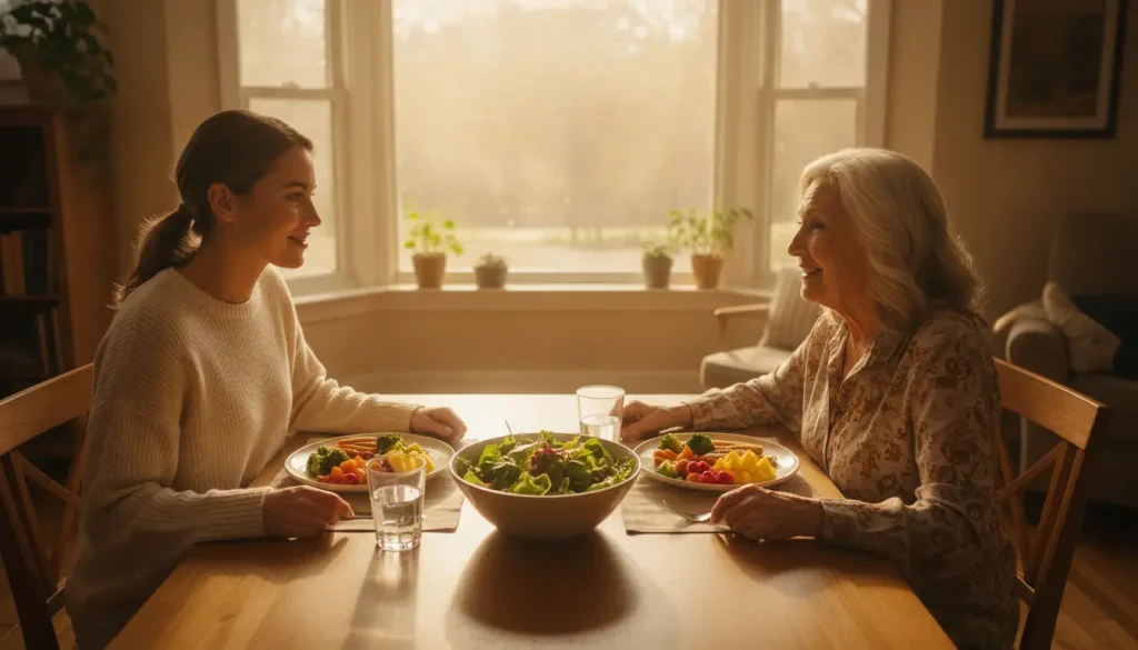 Two women enjoying a meal with salad in a sunlit dining room