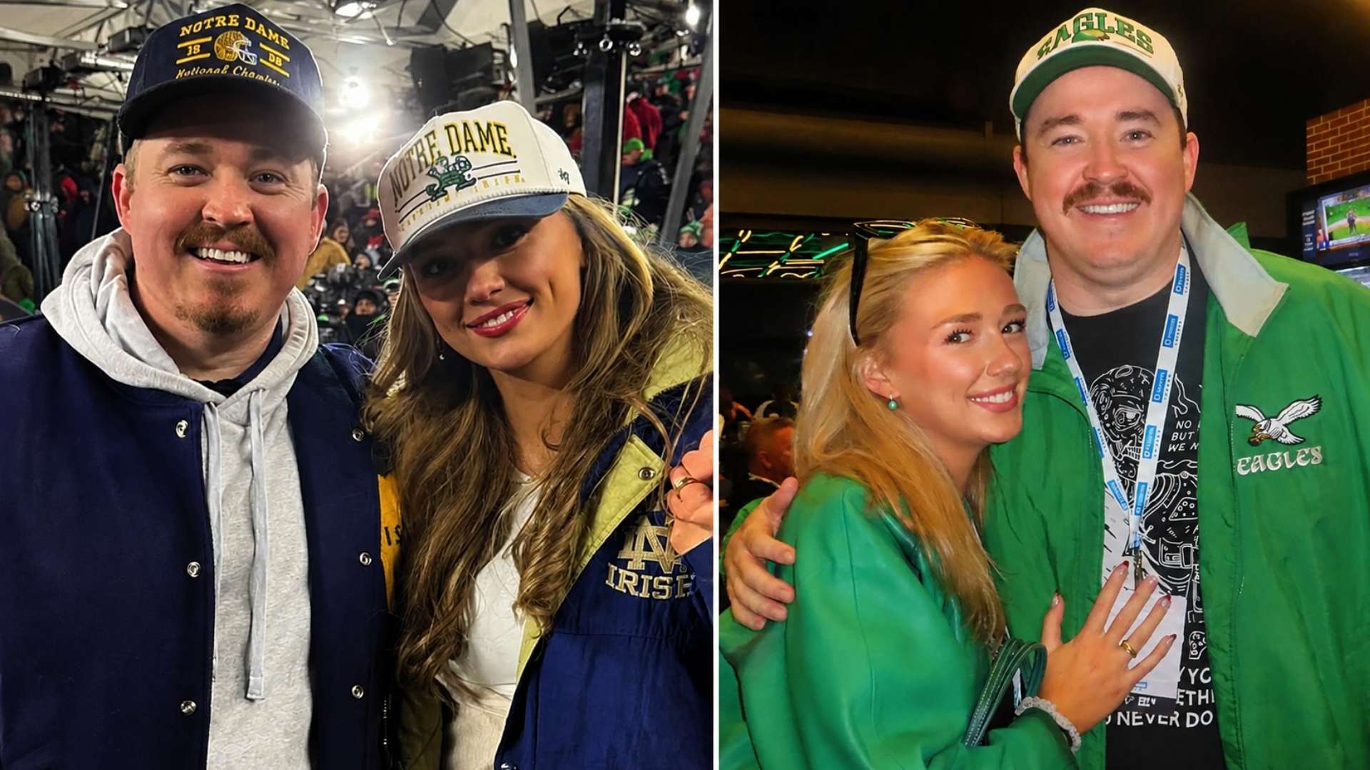 Shane Gillis and his ex-girlfriend Grace Brassel posing together at sports events in a side-by-side photo collage